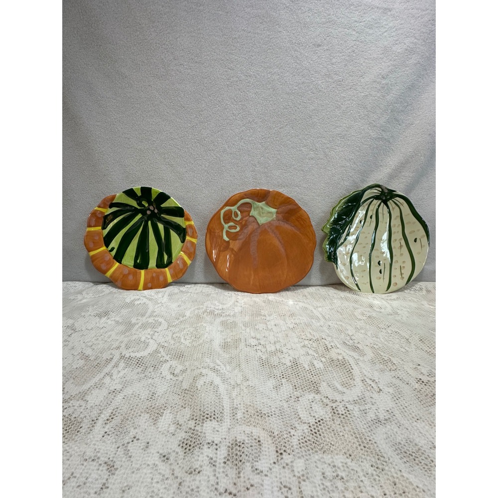 Set of‎ 3 Ceramic Pumpkin Gourd Shaped Plates Autumn Fall Decor
